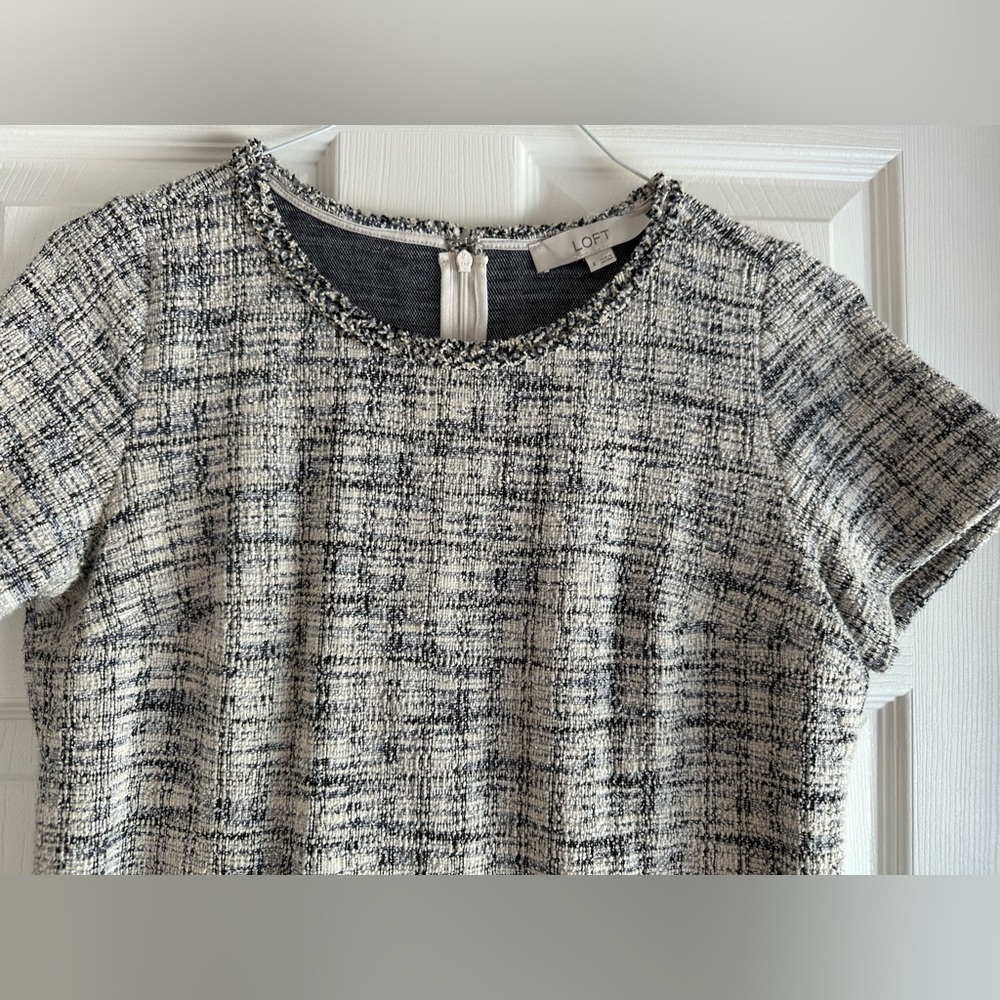 LOFT Black White Tweed Shift Dress | Parisian Chic Mini | Textured Bouclé Style - Picture 6 of 9